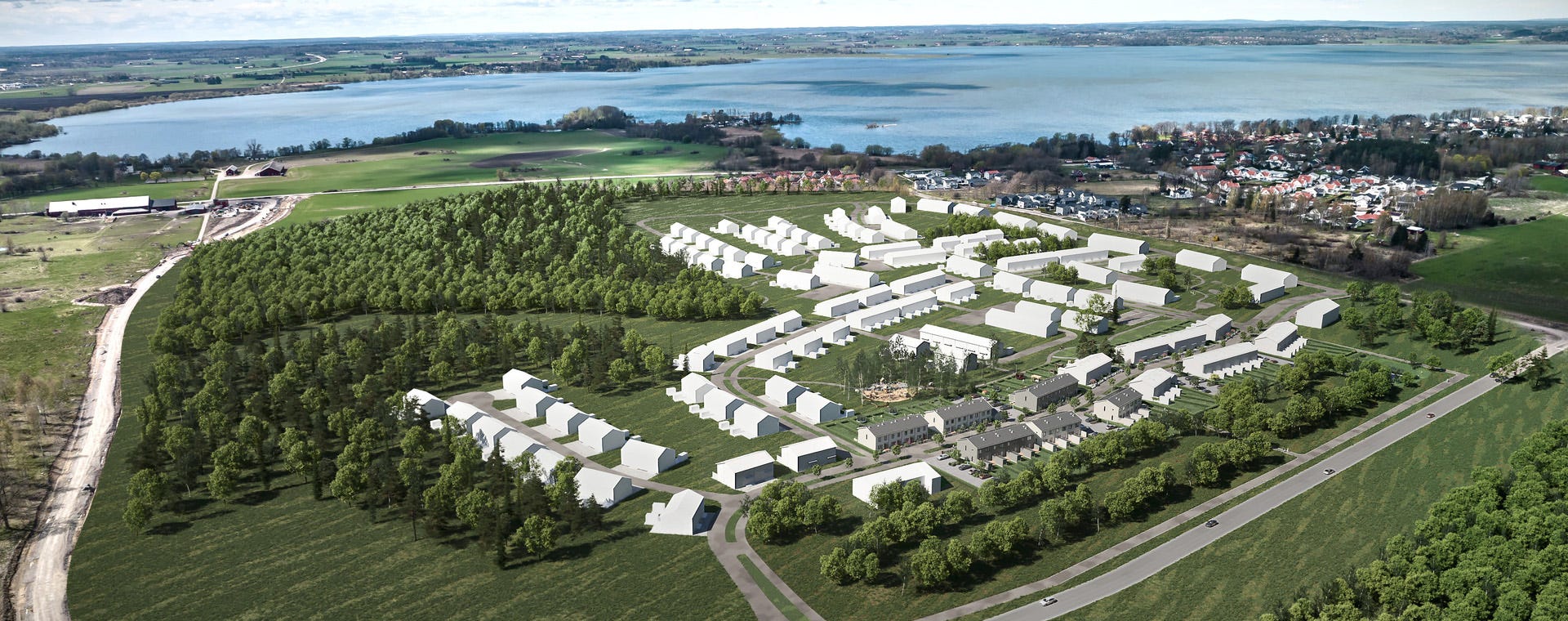 Nyproduktion Linköping - flygbild över grannskapet Lönnen (visualisering)