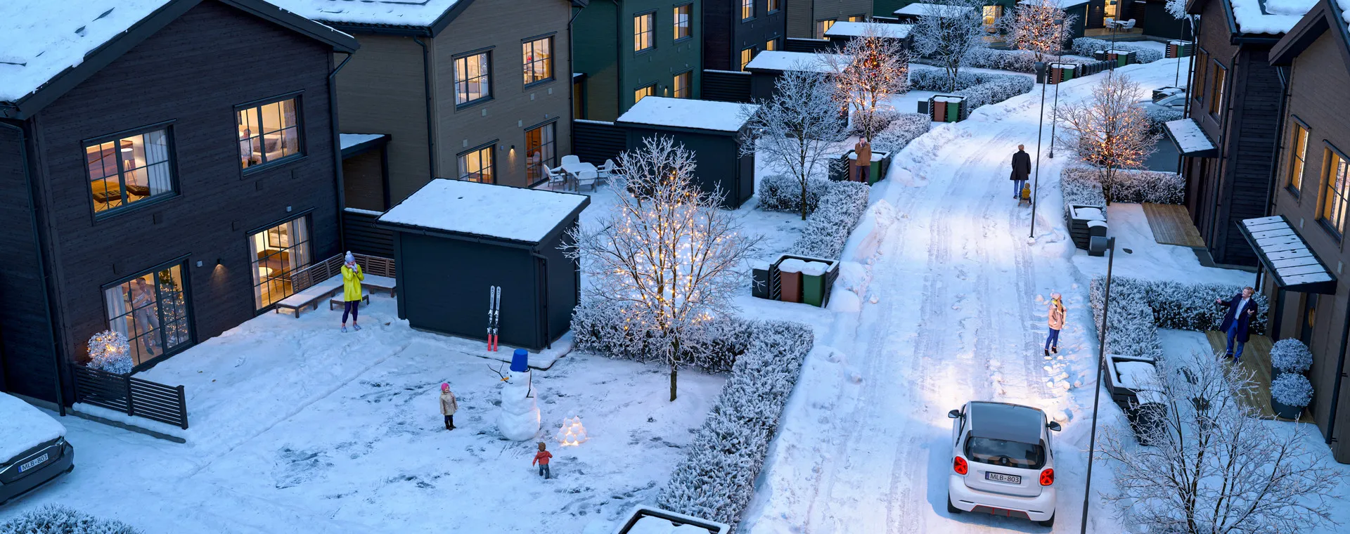 Visualisering över ett grannskap på en vinterdag