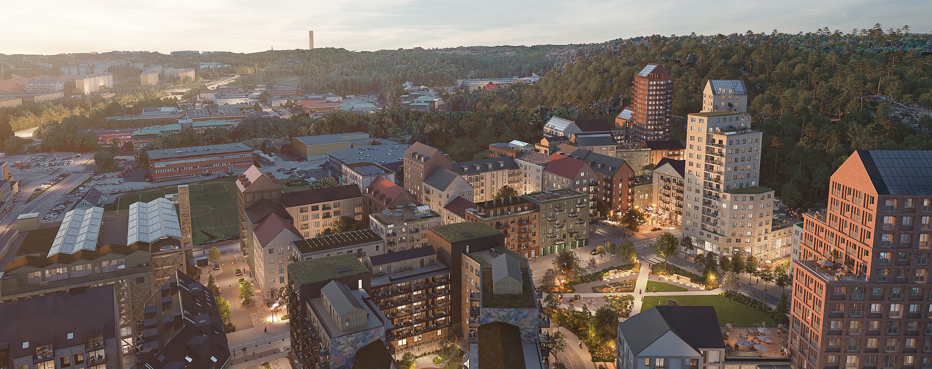 Nyproduktion Göteborg - flygbild över grannskapet Explora (Visualisering)