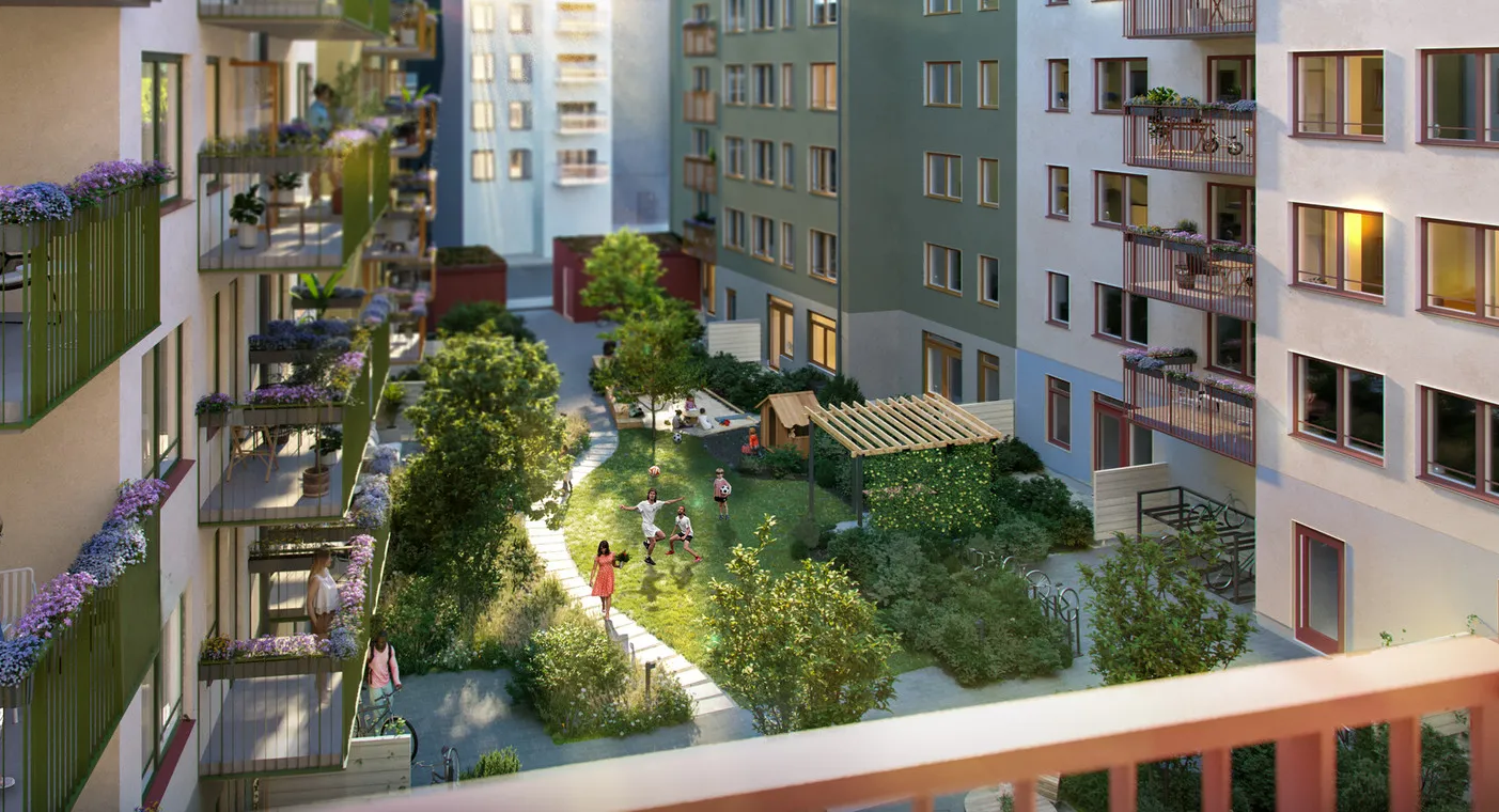 Newton i Vega, Haninge Visualisering över innergård i grannskapet Newton