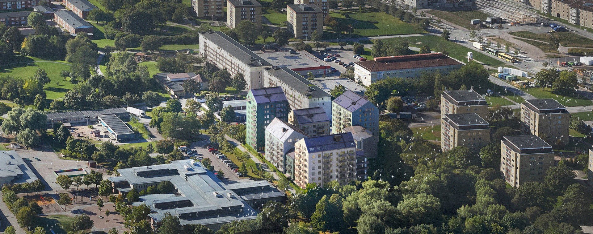 Drönarbild över hyresrätterna i Årsta Park (visualisering)