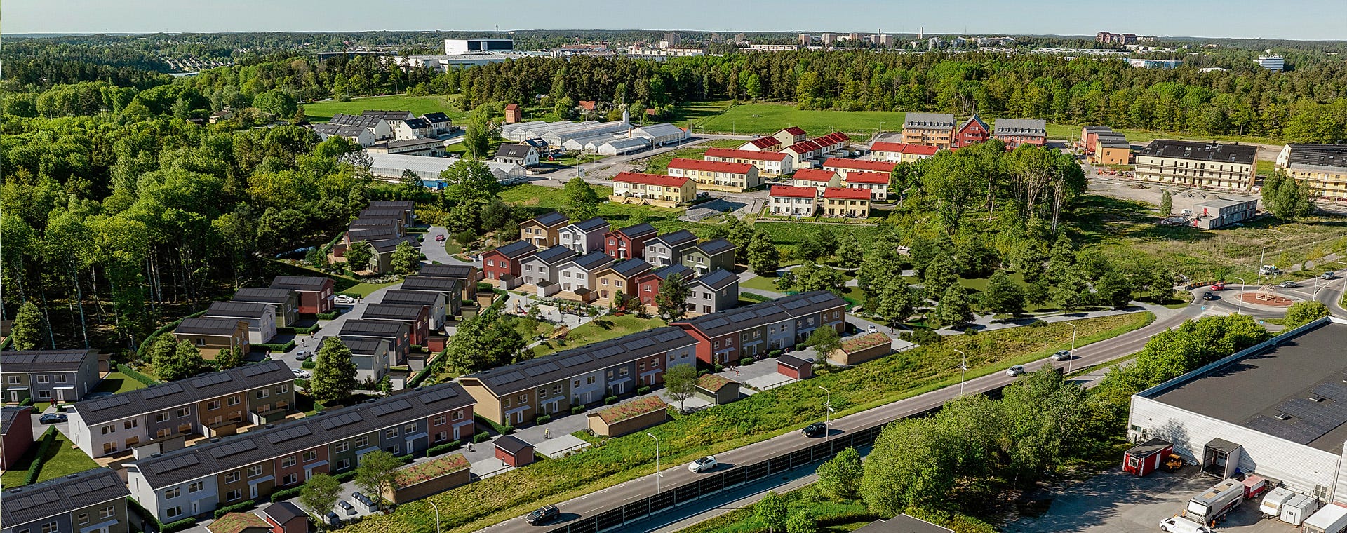 Nyproduktion Stockholm - Flygbild över grannskapet Fjärilshusen i Järfälla (Visualisering)