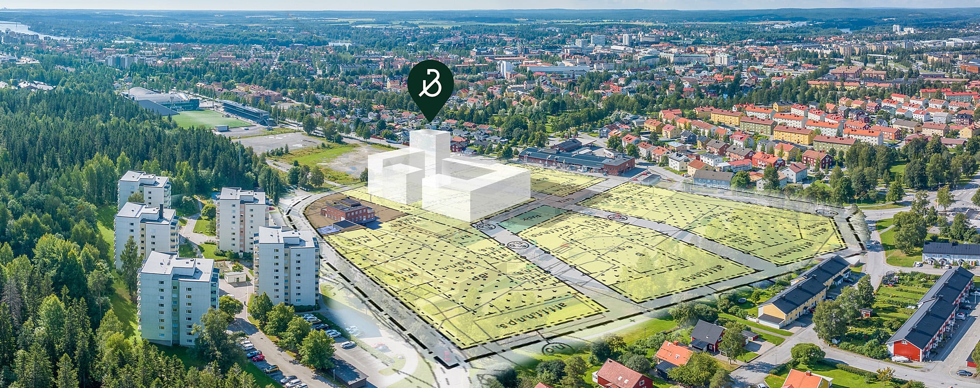 Drönarbild över Hagaliden med gråboxar där Bonava planerar ett nytt område