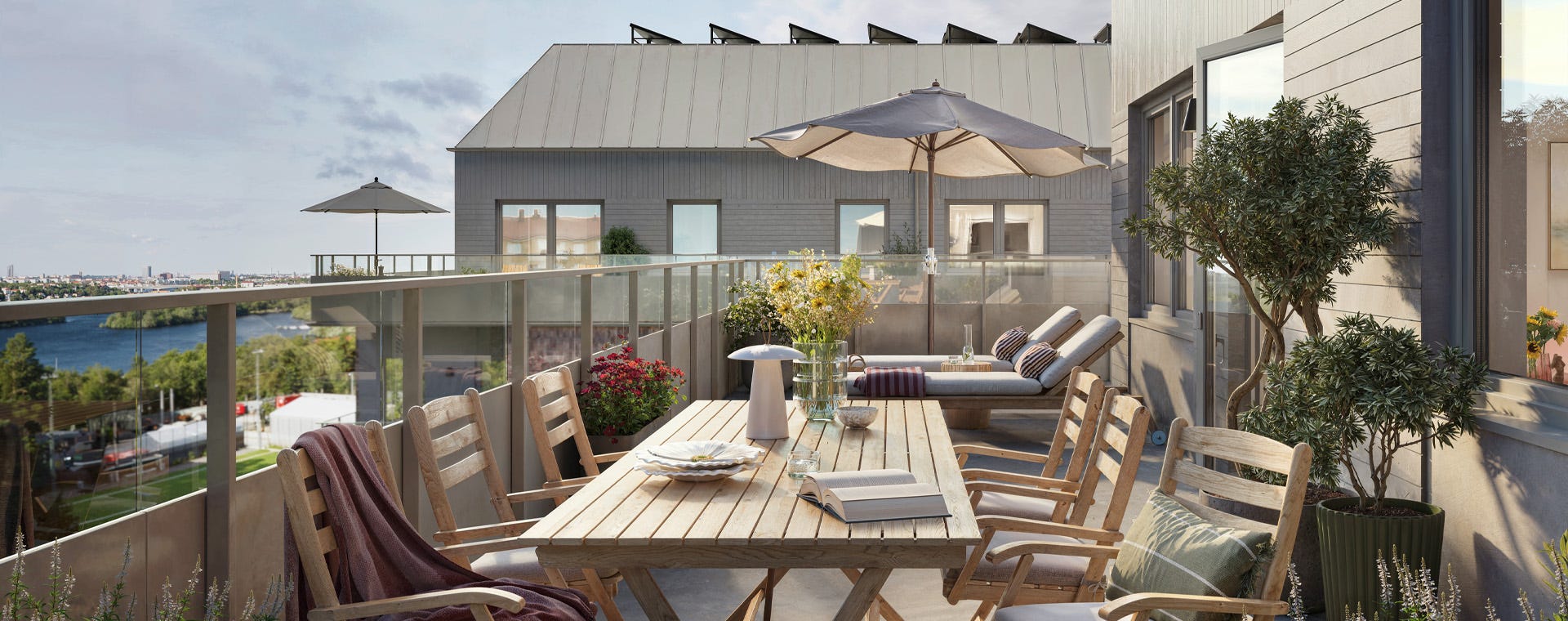 Visualisering på takterrasserna i penthouselägenheterna i grannskapet Fredman