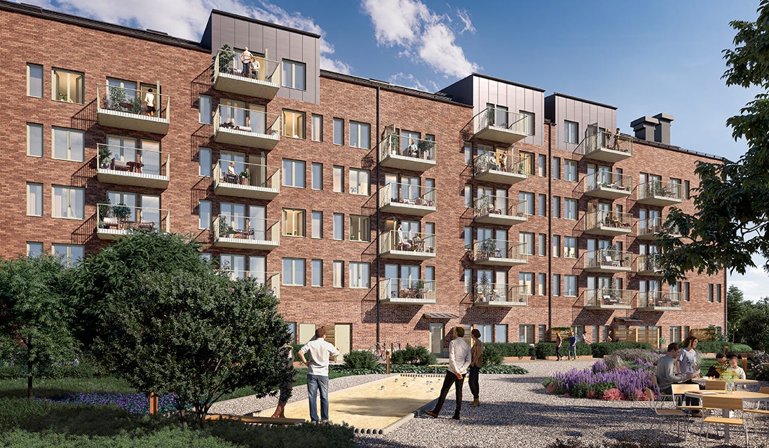 Visualisering på grannskapet Logementet och dess gemensamma boulebana på gården
