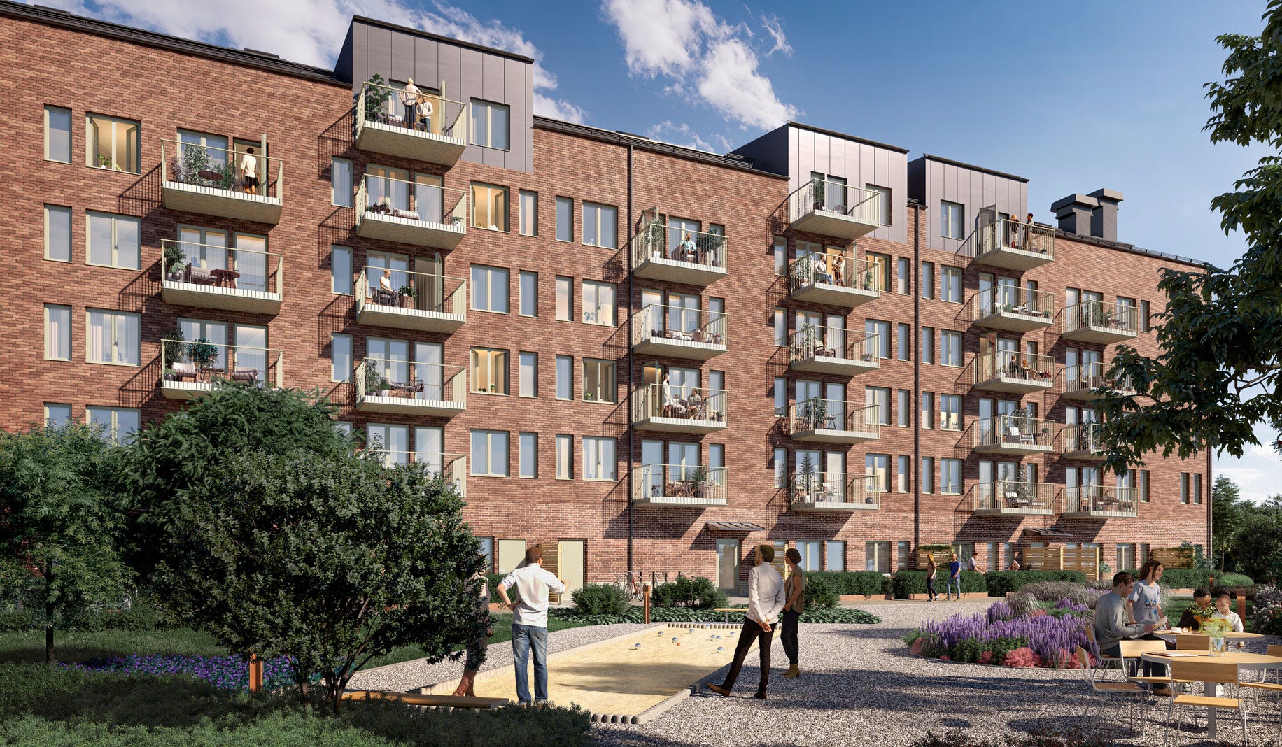 Visualisering på Logementet med dess gemensamma boulebana på gården