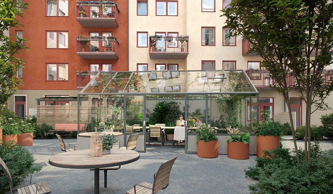 Visualisering på gemensamma växthuset i innergården i Newton