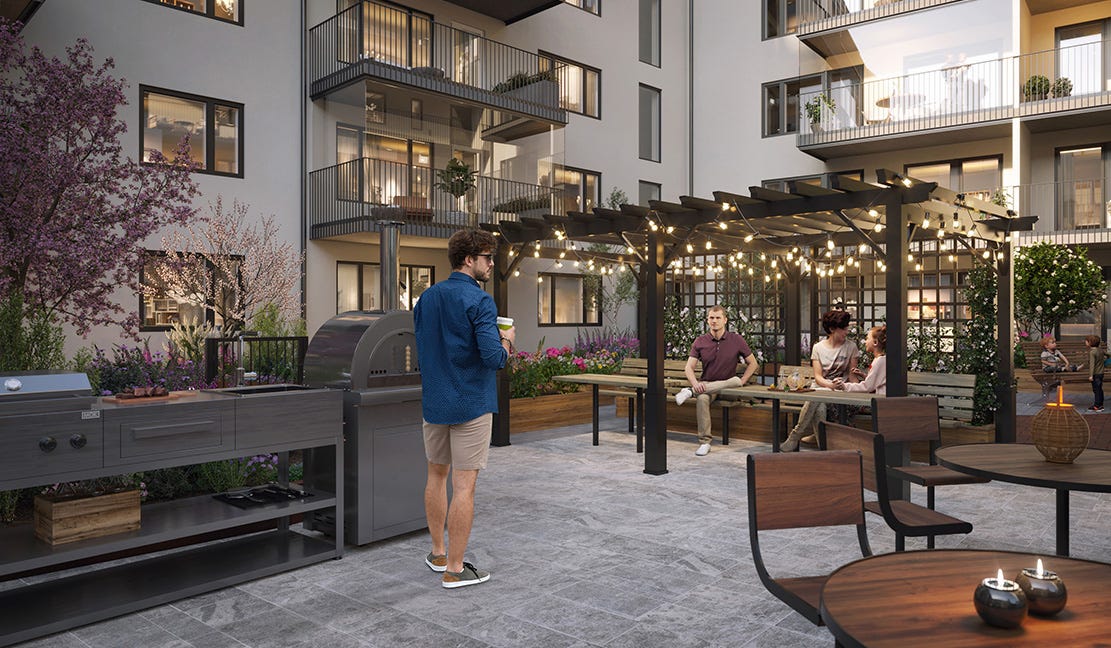 Visualisering på den gemensamma innergården med grill och uteplatser i Kryddan