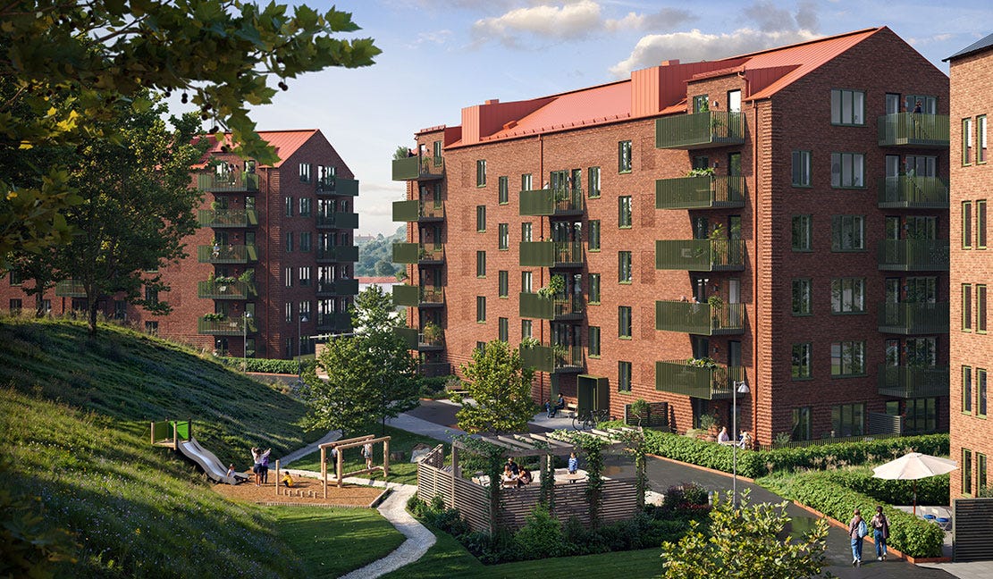 Visualisering på grannskapet Logementets gemensamma innergård med pergola