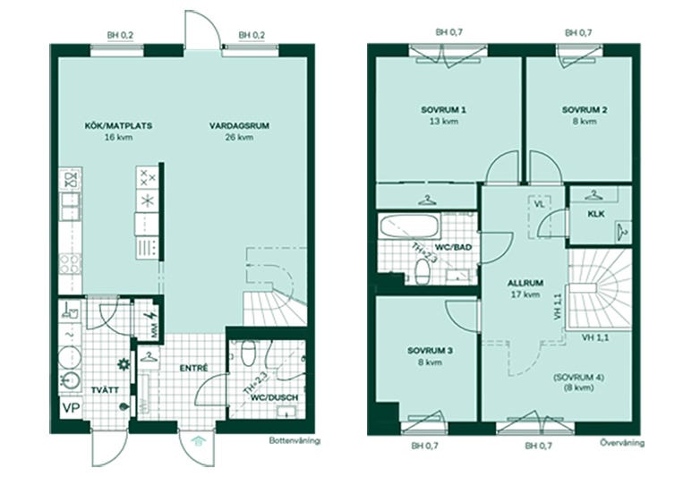 Planritning för radhuset på 121 kvm i Torparlyckan II.