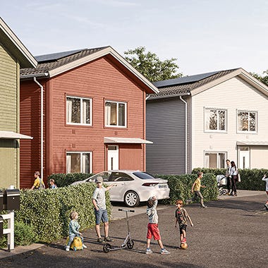 Barn som leker på gatan framför husen (visualisering)