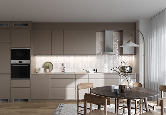 Visualisering av köksstilen Kontrast med beige luckor