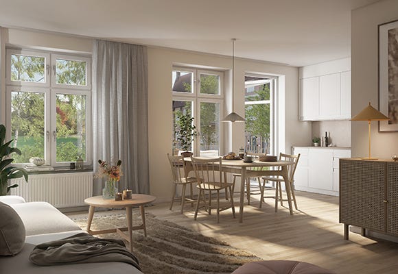 Nyproduktion i Seminariet - Kök och vardagsrum med balkong och utsikt (visualisering)