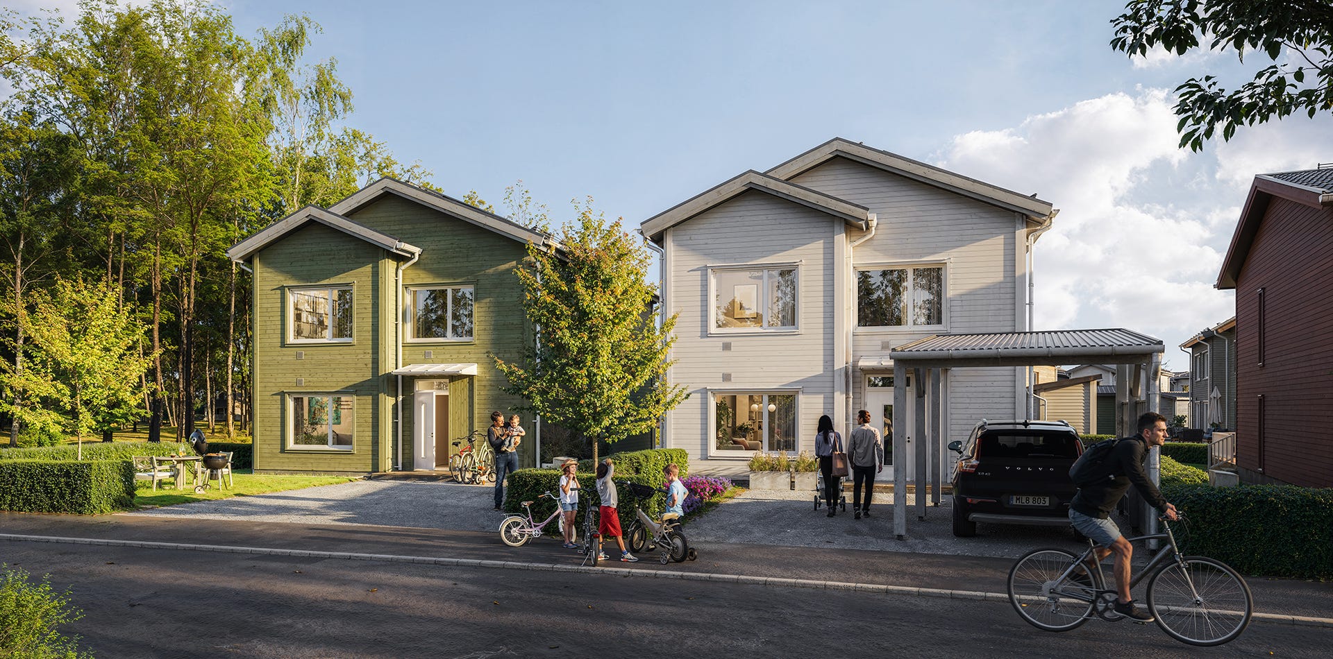 Visualisering av två hus med barn som leker på framsidan.