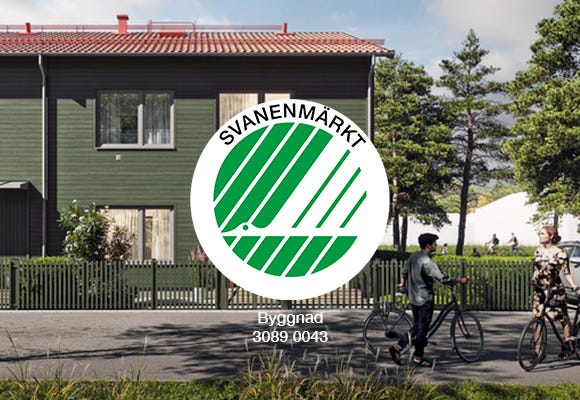 Visualisering på radhus med Svanen-logotyp framför