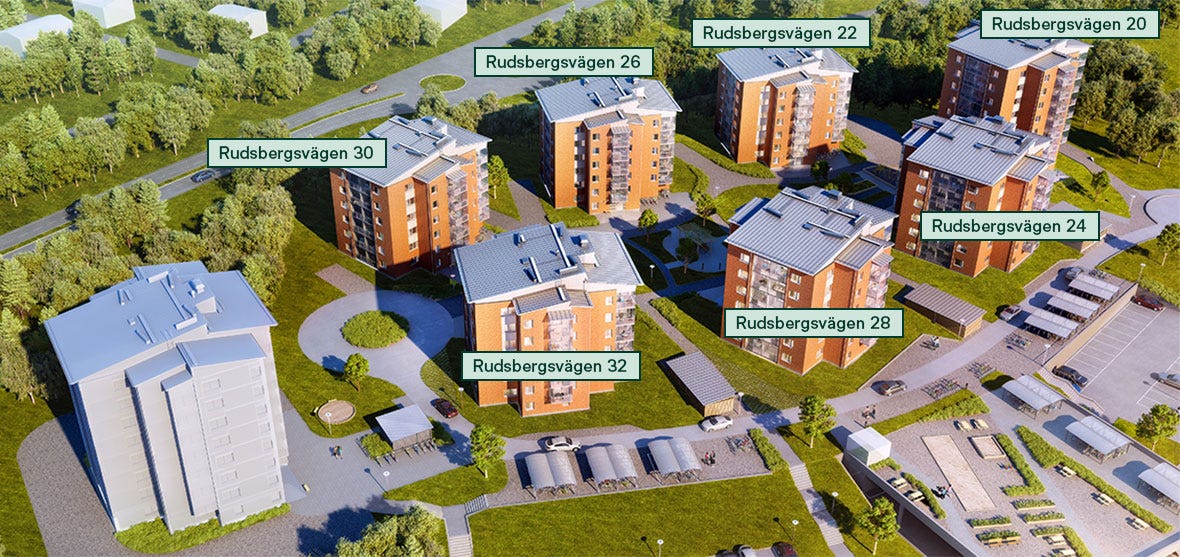 Flygbild med adresser på grannskapet Ruds vy