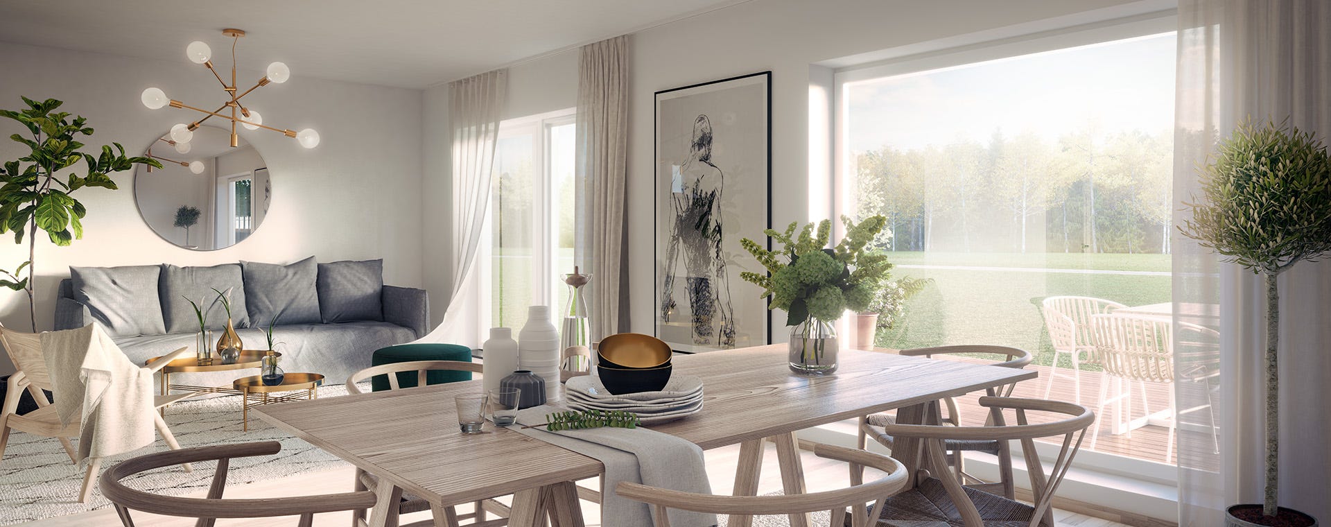 Visualisering av matplats och soffa med stora fönster