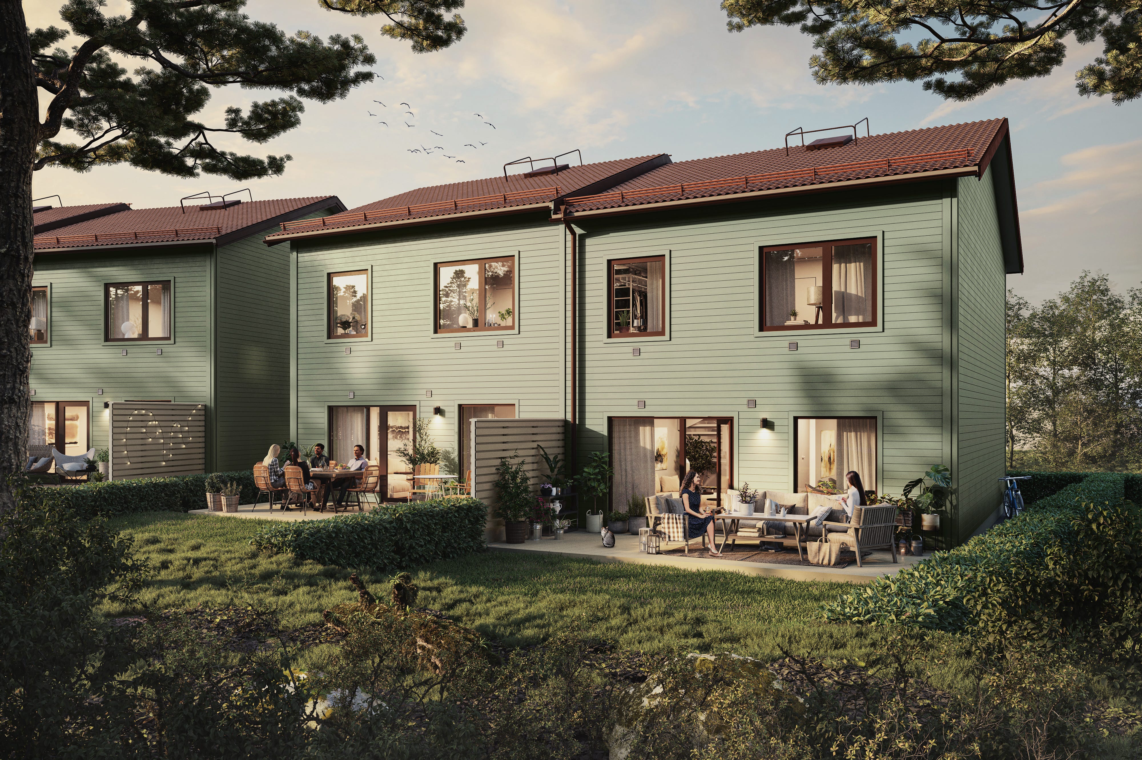 Visualisering på parhus och dess uteplatser i grannskapet Sigrids kulle