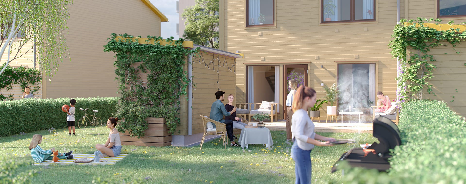 Visualisering av ett radhus med familj i trädgård
