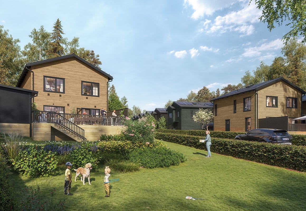 Visualisering på hus med trädgård där barn leker