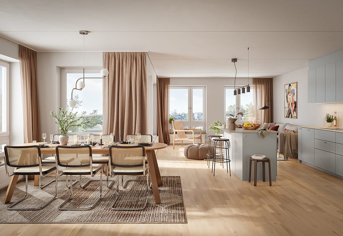 Visualisering på kök och matplats med stora fönster och fint ljusinsläpp