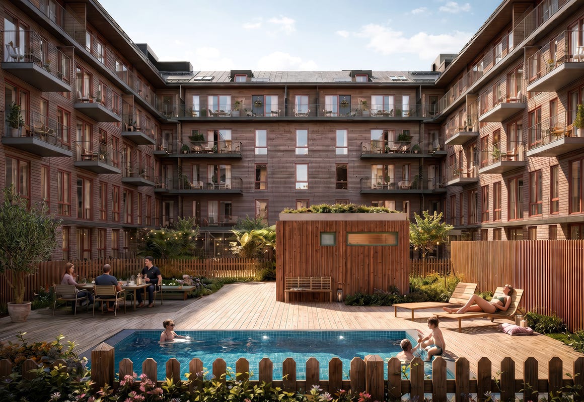 Innergården med pool i grannskapet Klockaren (visualisering)