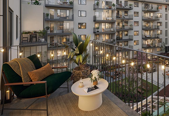 Utsikt från balkong mot innergård i grannskapet Kryddan (Visualisering)