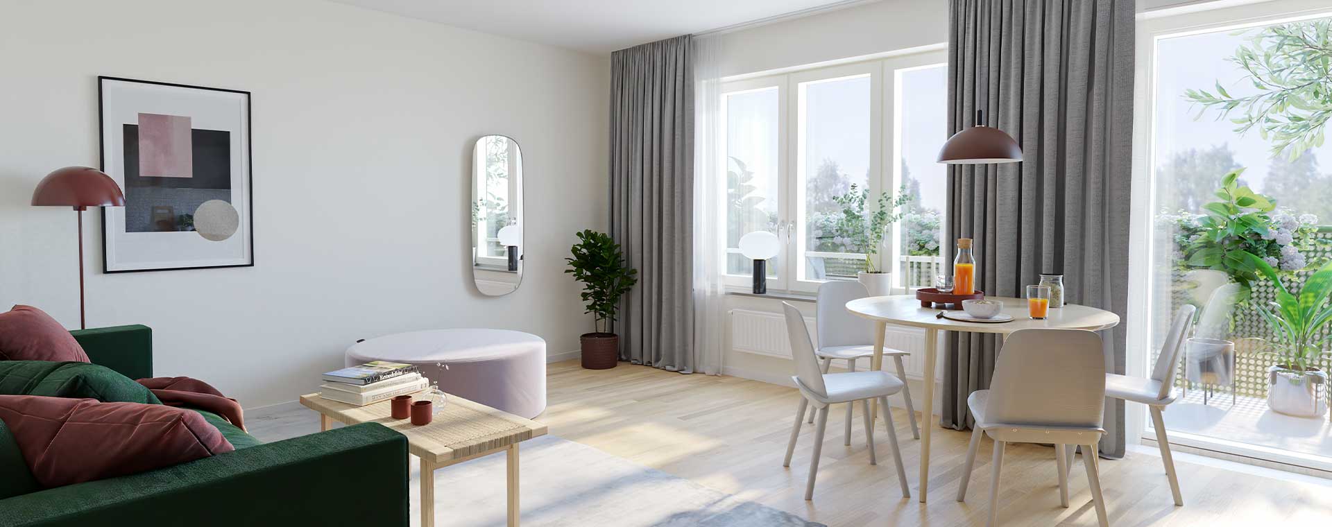 Nyproduktion i Haninge - visualisering på vardagsrum, matbord och balkong