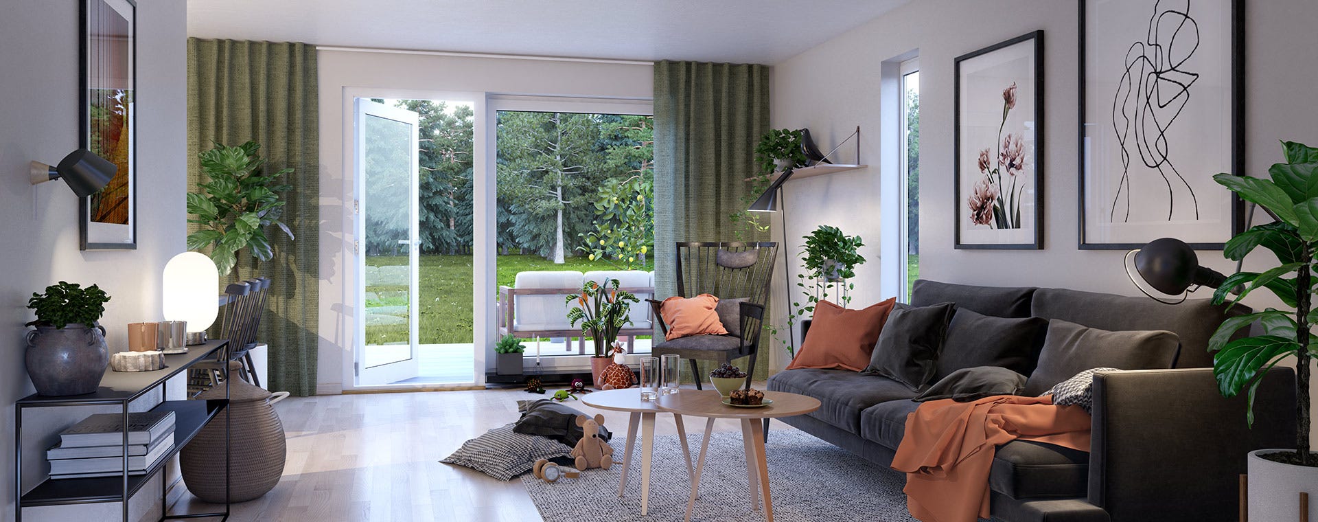 Vardagsrum med dörr mot altan (Visualisering)