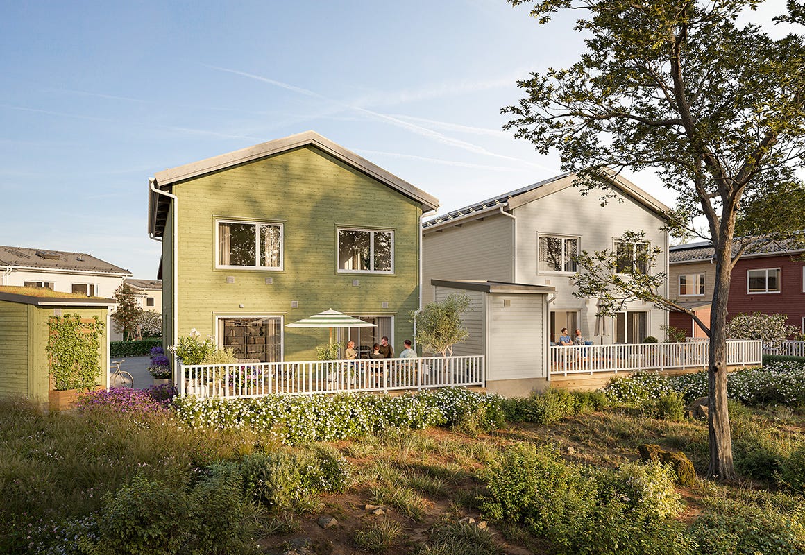 Visualisering av huset Villa Verde, fasad mot trädgård