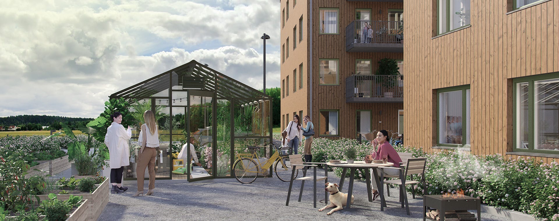 Visualisering på trädgårdshus och uteplats i grannskapet Nästet