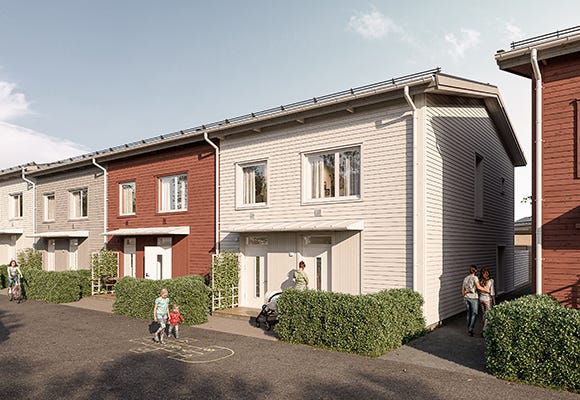 Hälsa på i vårt hus på 121 kvm Visualisering av hus mot gatan