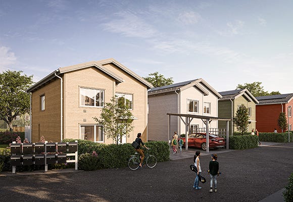Hälsa på i vårt hus på 158 kvm Visualisering av hus mot gatan
