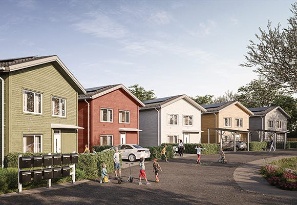 Hälsa på i vårt hus på 139 kvm Visualisering av hus mot gatan