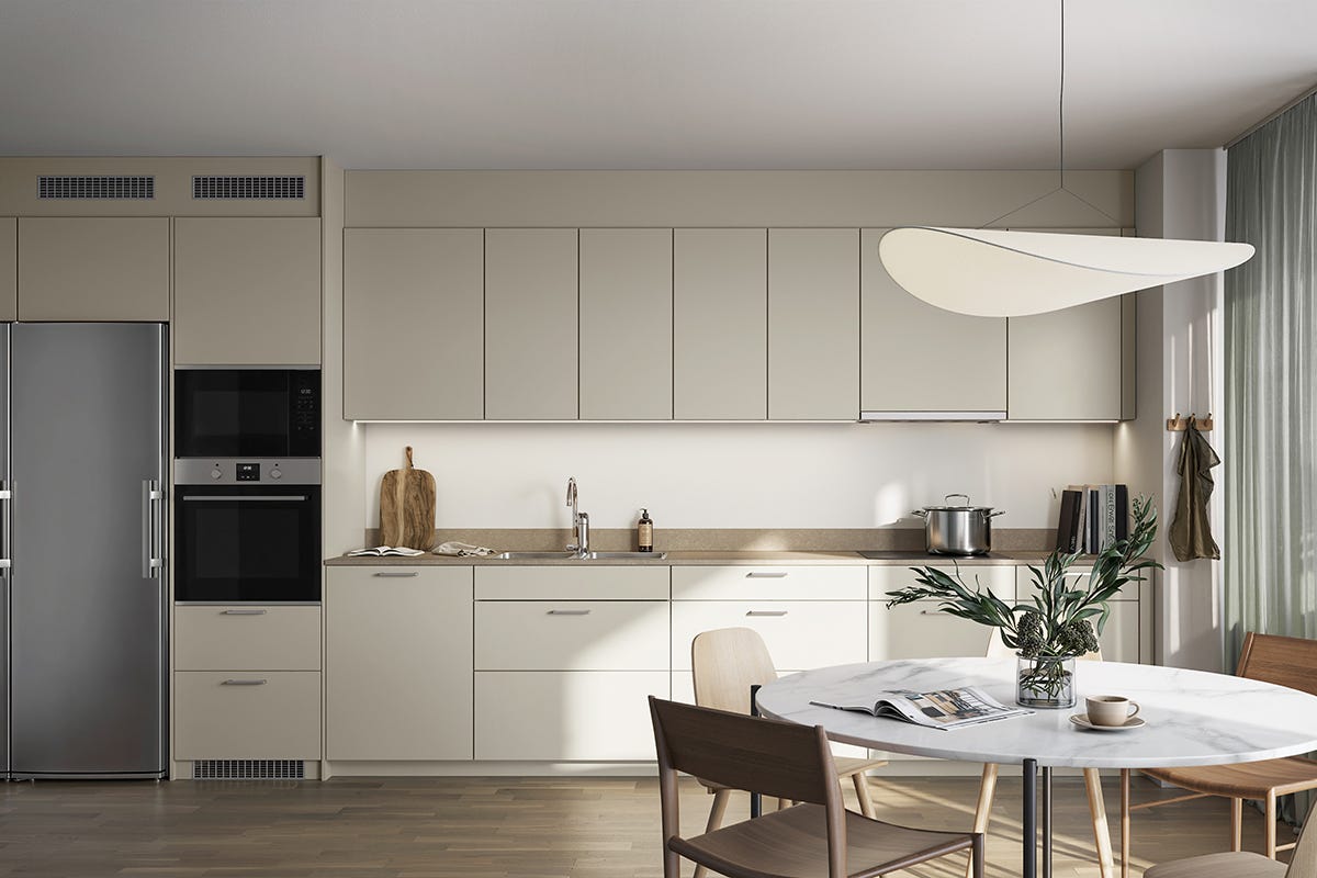 Visualisering på modernt kök i beige färg