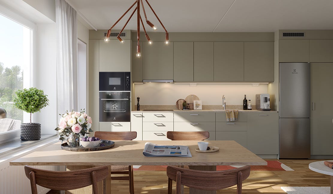 Visualisering av ett kök med ett matbord och stolar i förgrunden