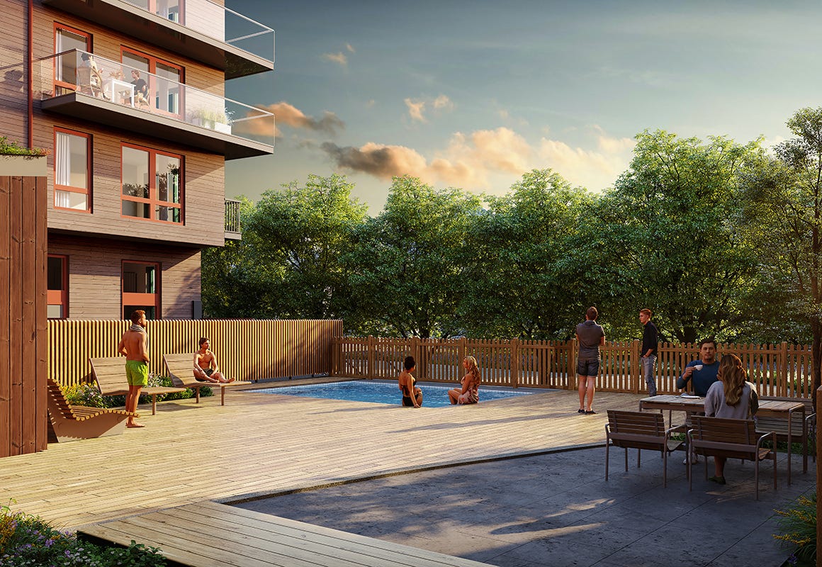 Visualisering av innergård och pool i grannskapet Klockaren i Uppsala