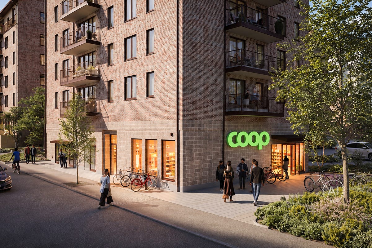 Coop på bottenplan i grannskapet Motorn (AI-redigerad bild)