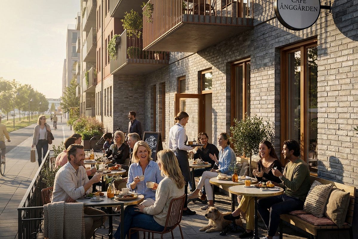 Visualisering på en uteplats med folk som fikar i solen