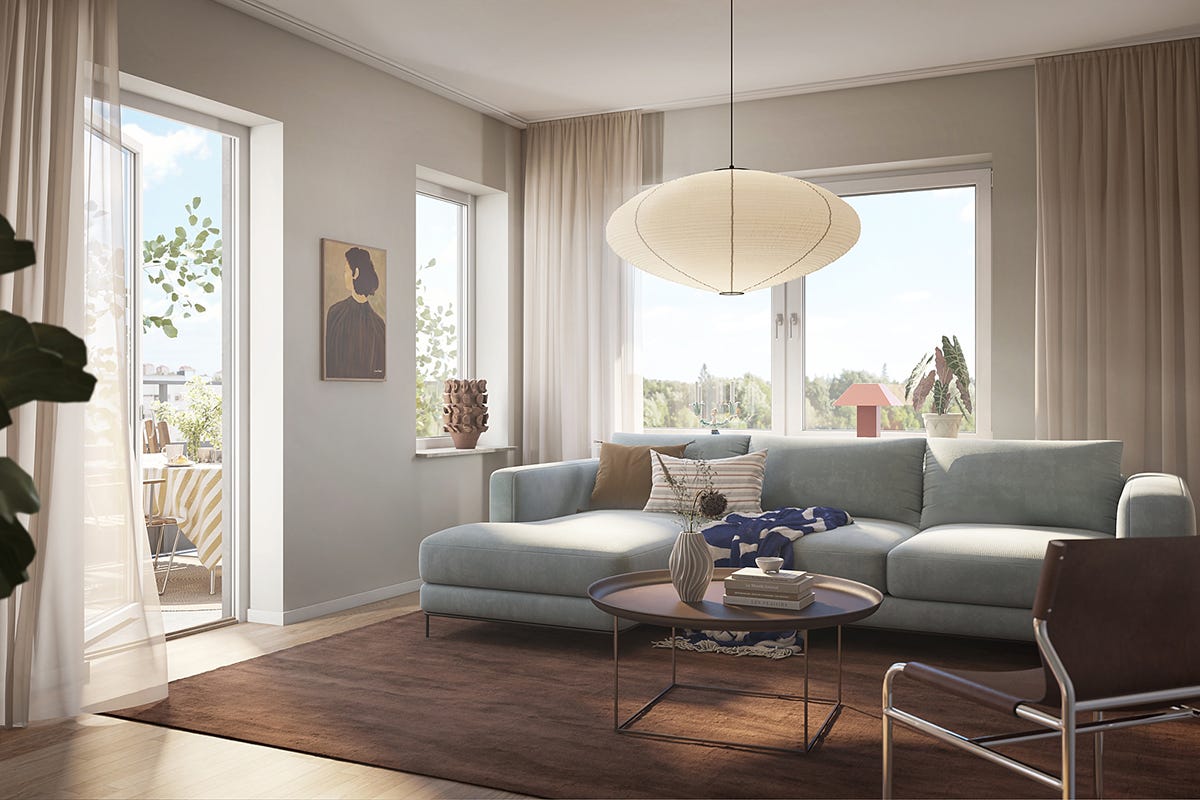 Visualisering på vardagsrum med soffa och fint ljusinsläpp från balkongen