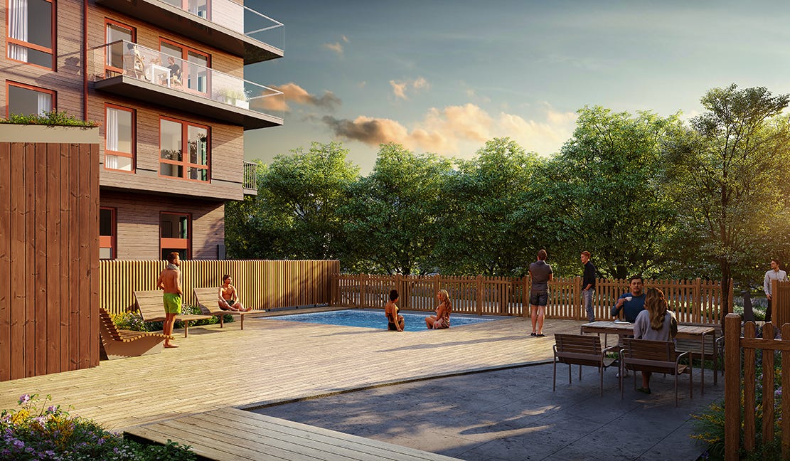 Visualisering av innergård och pool i grannskapet Klockaren i Uppsala