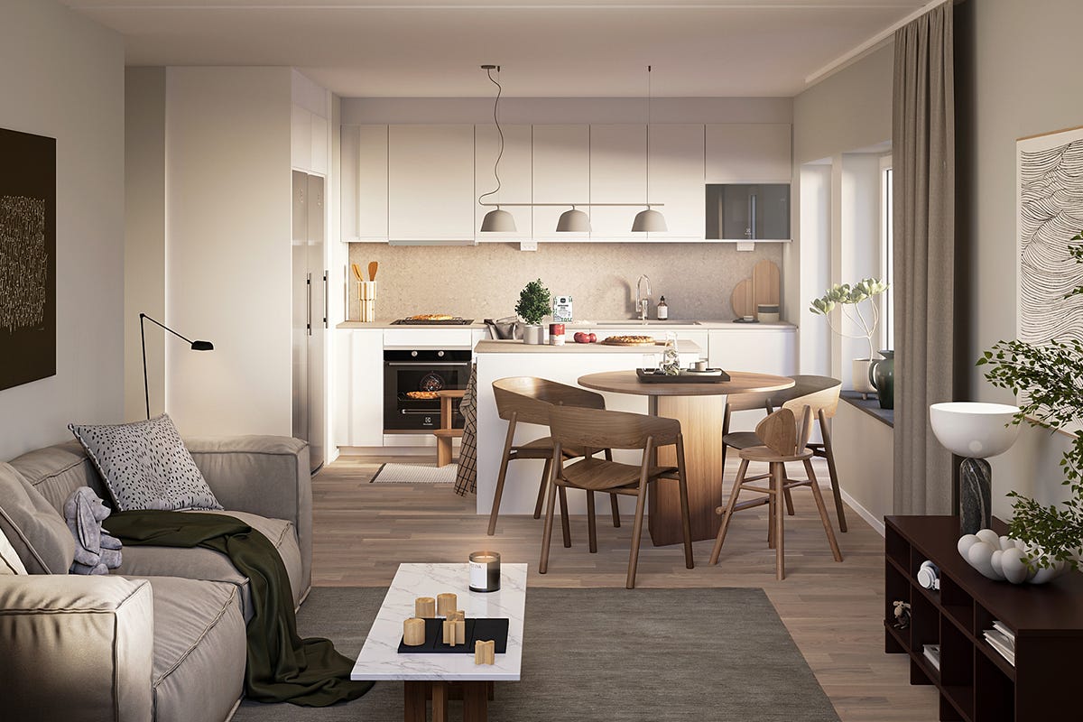 Visualisering på vardagsrum och kök med soffa och matplats