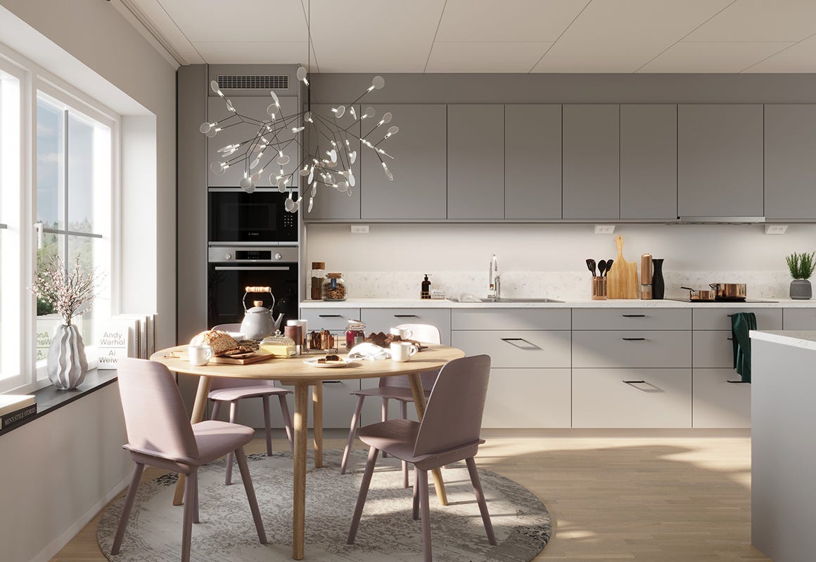Hur vill du inreda ditt nya hem? Visualisering på modernt kök med matplats