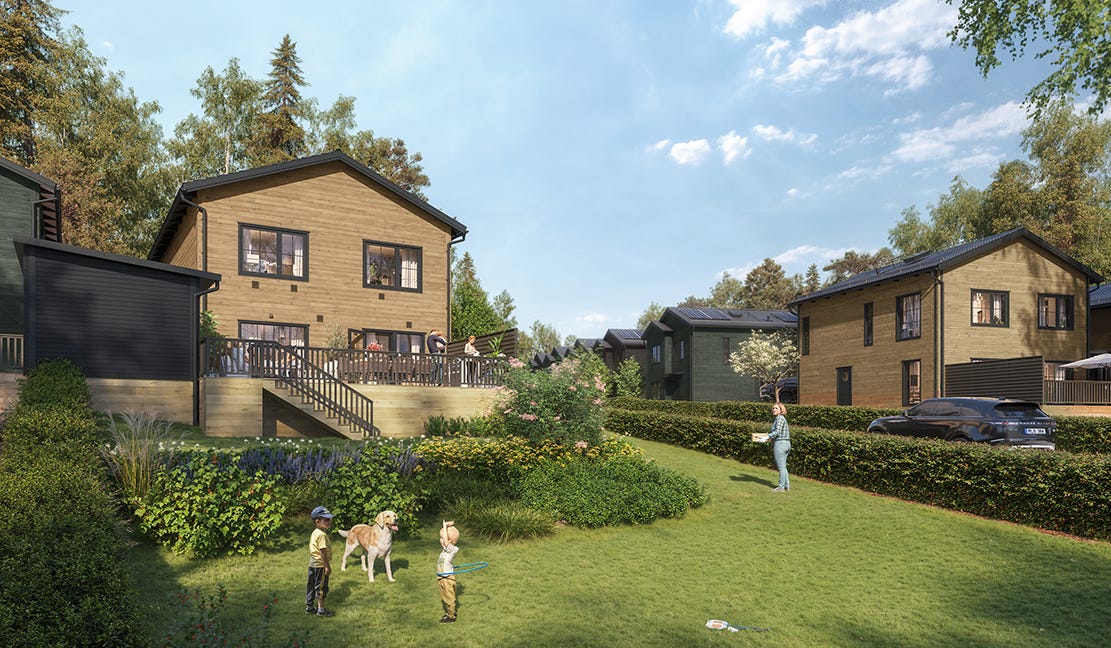 Visualisering av baksdian av ett hus och dess trädgård med lekande barn