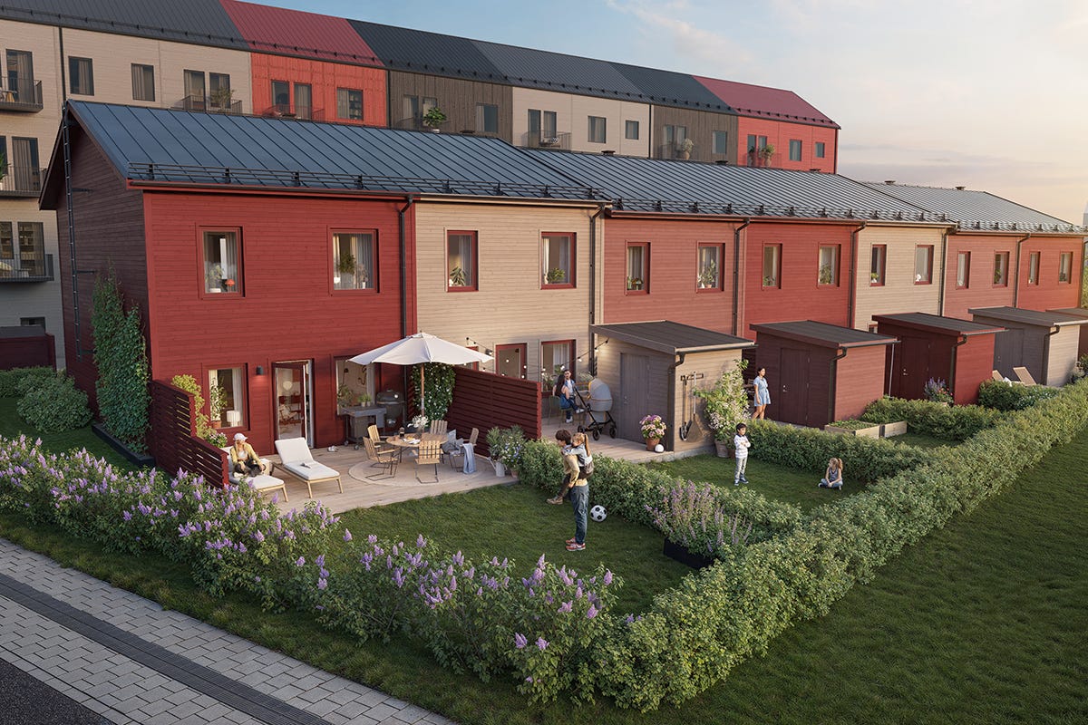 Visualisering på färgglada radhus med trädgårdar
