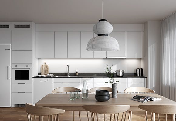 Visualisering av köksstilen Bas med vita luckor